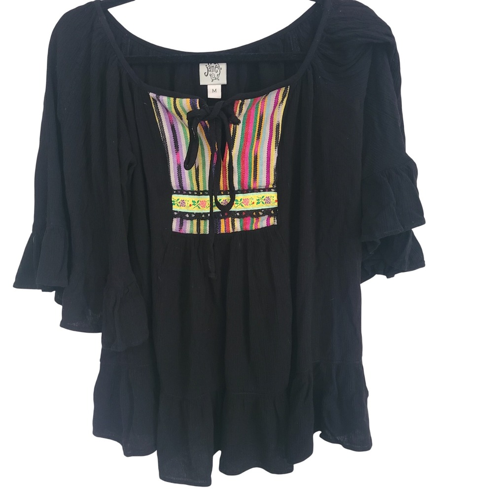 Ivy Jane Black Embroidered Peasant Top Multi Color Boho‎ Bell Sleeve Blouse M